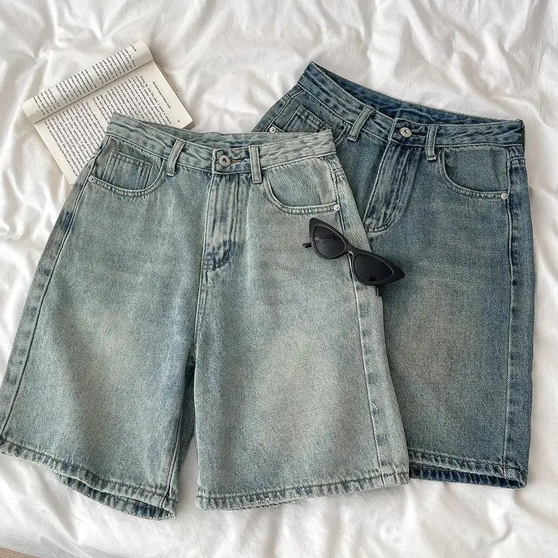 Women's Retro Denim Jorts, Summer High-Waist Loose Wide-Leg Straight Bottoms, Versatile Casual Basic Fit Jean Shorts for Female Streetwear (Sports & Outdoor Clothing)
