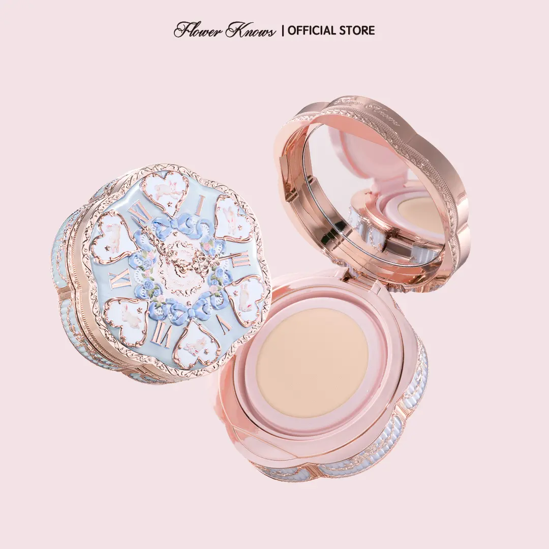 Flower Knows Bunny Garden Collection Cushion Cream Foundation (1 Case, 1 Refill, 16g) - Full Coverage Makeup Products, Ultra-Light, Smooth, Pore & Fine Line Blurring, Skincare Essence Infused for Daily Glowup & Refreshed Look