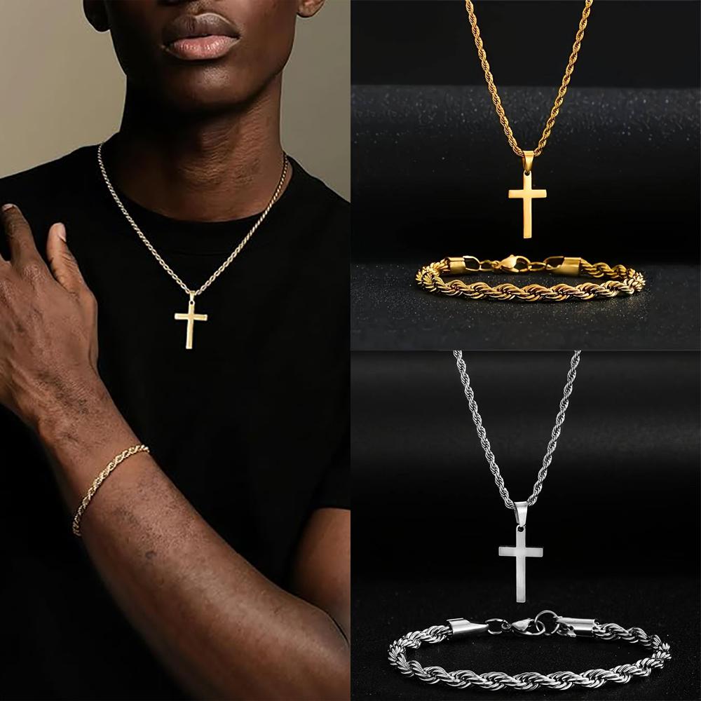 2pcs Stainless Steel Cross Necklace and Bracelet Set for Men, Twisted Rope Cross Pendant Jewelry Set for Men and Women, Perfect for Casual Parties