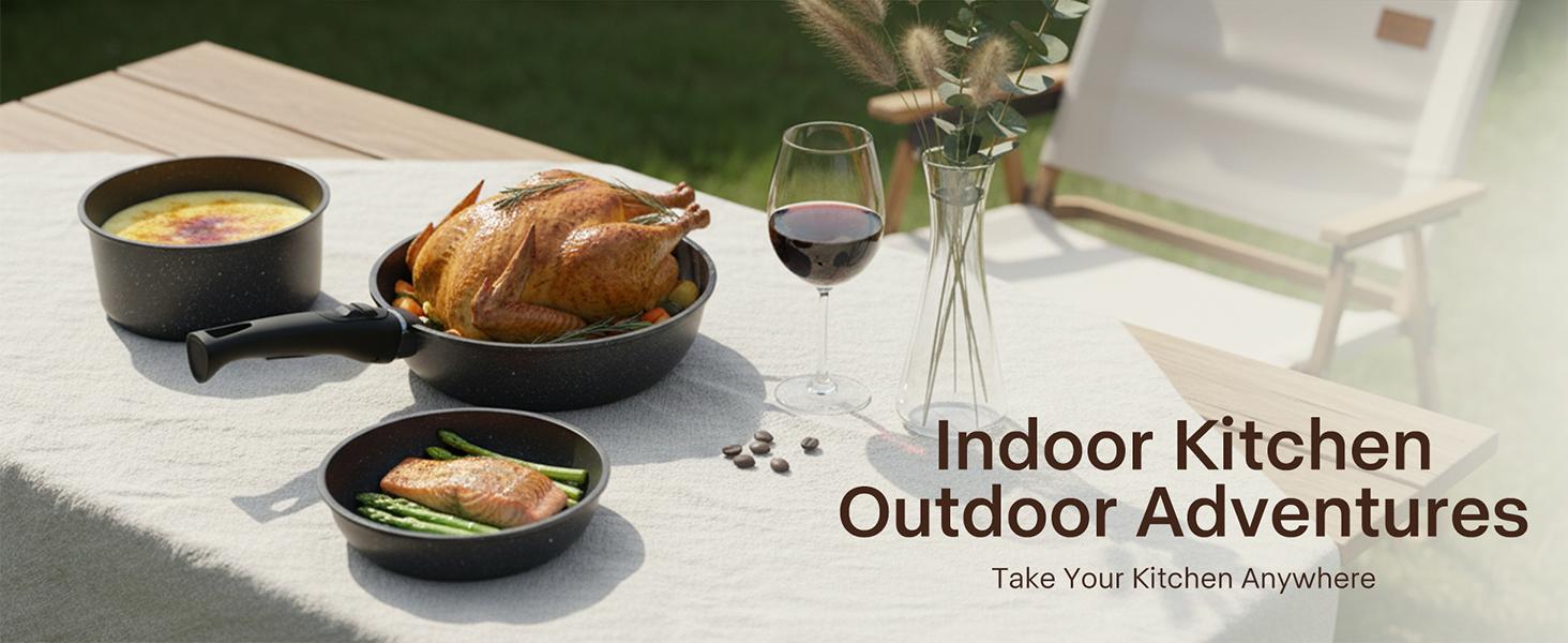 USELUCK-Camping and Baking Removable Handles, Non-Stick Cookware Sets, Essential Stackable Non-Stick Cookware Sets (Oven Safe and RV Friendly), Multiple Colors, Multiple Combinations Available