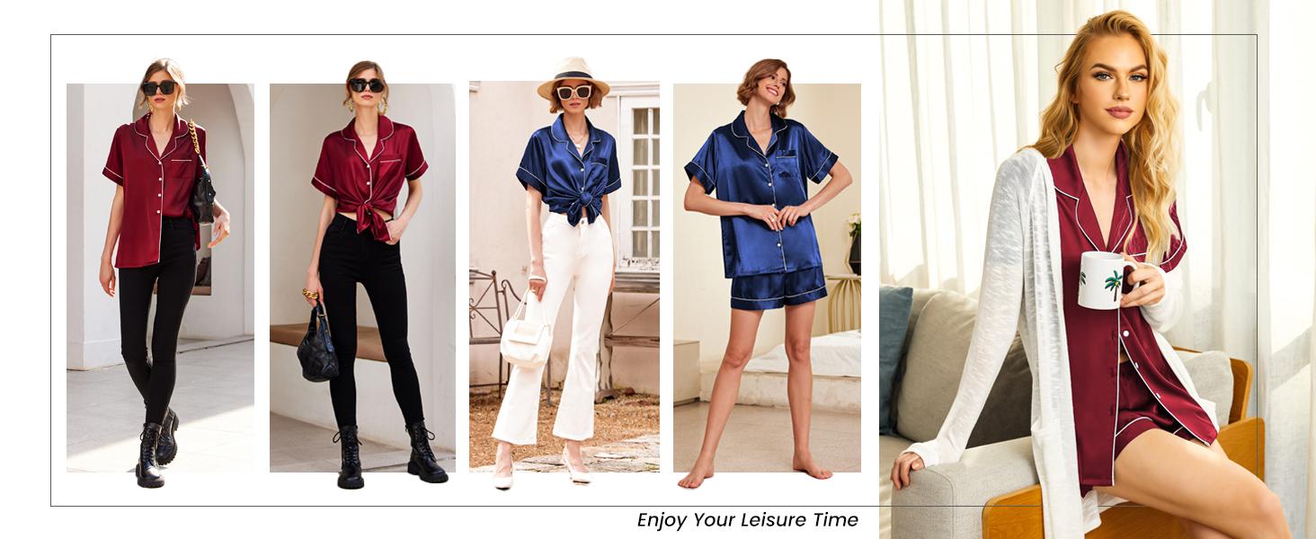 Ekouaer Women's Pajamas Set Silk Satin Pjs Button Down Sleepwear with Shorts 2 Piece Set Loungewear Pajama Set Comfort Womenswear women's  pajamas