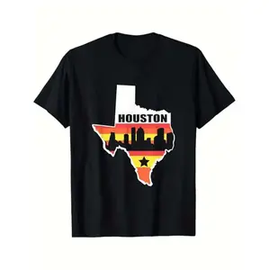 Houston Texas Skyline T-Shirt - Stylish Vintage Cotton Crewneck Short Sleeve Top for Men & Women Casual Wear Plus Size Black Classic Fit Fabric Menswear Soft Durable Eye-Catching Design