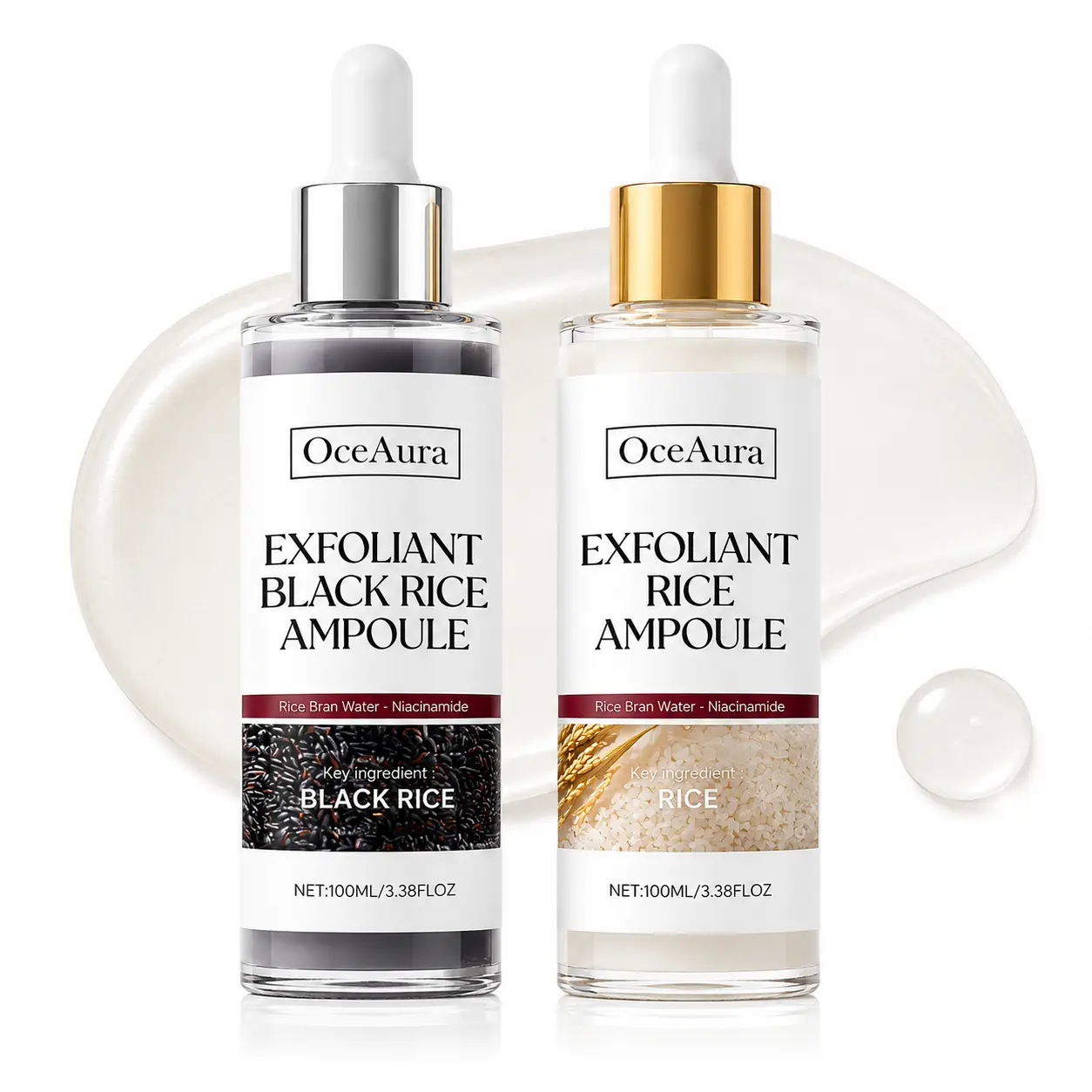 100ml x 2 Black Rice & Rice Exfoliating Ampoule Serum Set, Rice Bran Water and Niacinamide Facial Serums, Gentle Exfoliating Care, Helps Refine Skin Texture, Enhance Radiance and Maintain Hydration, Lightweight Skincare for All Skin Types