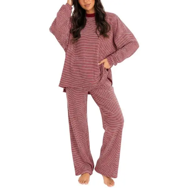 Fisoew Women's 2 Piece Striped Lounge Set Wide Leg Pants Matching Pajamas Set | Long Sleeve ,High Waisted,Sleepwear, Pajamas, Oversized,Round Neck,Daily,Cotton Set,Loungewear,fall fashion outfits 2026