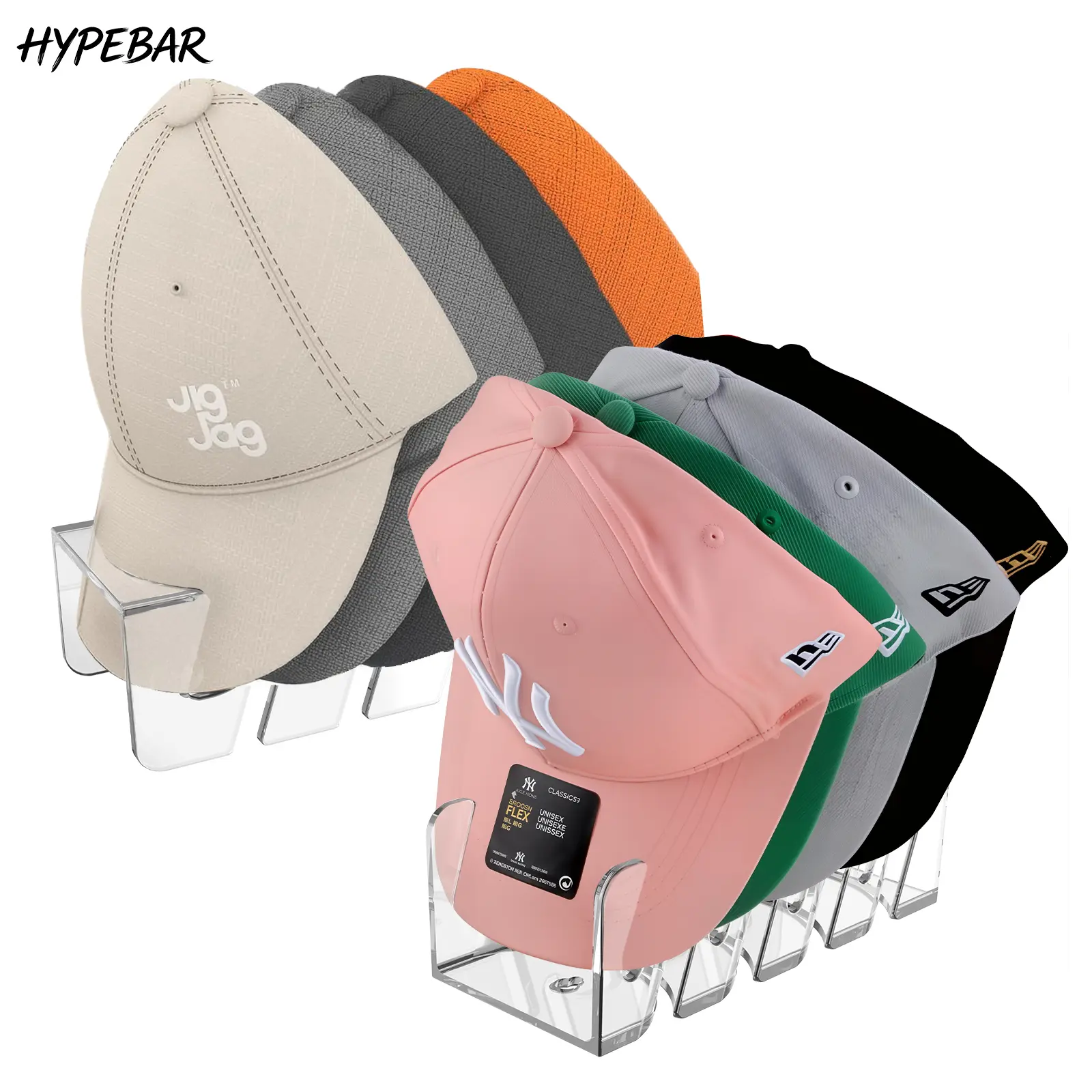 HYPEBAR 2 Pack Dual-Sided Acrylic Hat Organizer Stand Shelves - Home Supplies, 8 In Space Saver for Renters, Holds 2 Pieces Total 8 Caps, Fits Flat & Curved Brim Baseball Caps, No-Install Closet Storage Rack, Two Pieces