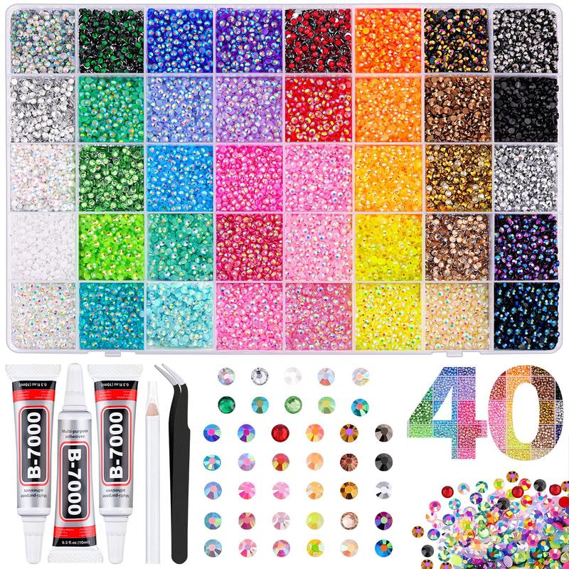 40,000Pcs 3mm Jelly Rhinestones - 40 Colors Resin Flatback Gems for Nail Art, Crafting, Diamond Painting. Includes 3Pcs 10ml B7000 Glue for Shoes, Jewelry, Bedazzler Kit.