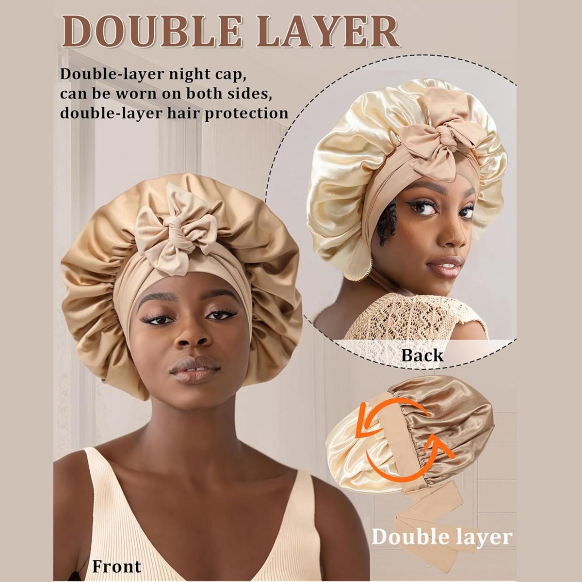 Women's Reversible Double-Layer Satin Bonnet Hats with Elastic Tie Band, 2PCS Hair Scrunchies, Lightweight Haircare Accessory for Adults to Reduce Frizz, Ideal Gift,summerwins