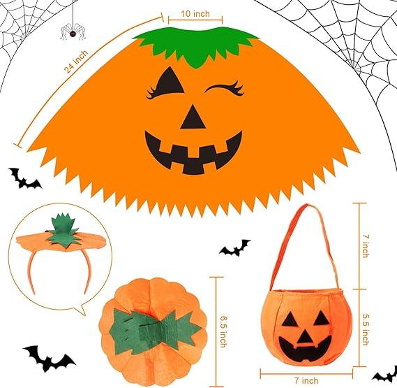 3 PCS Halloween Pumpkin Poncho for Women,Pumpkin Cape Costume with Headband and Candy Bag,Halloween Costume for Women