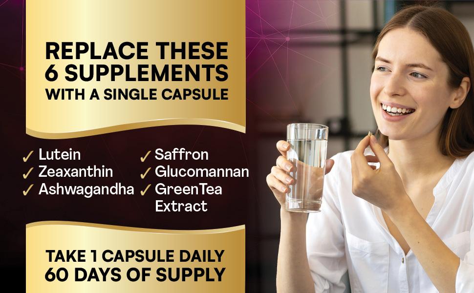 Parrox Saffron (6 in 1) Dietary Supplement - Mood, Vision & Wellness Support with Glucomannan, Ashwagandha, Lutein & Antioxidants - 60 Capsules - Made in USA