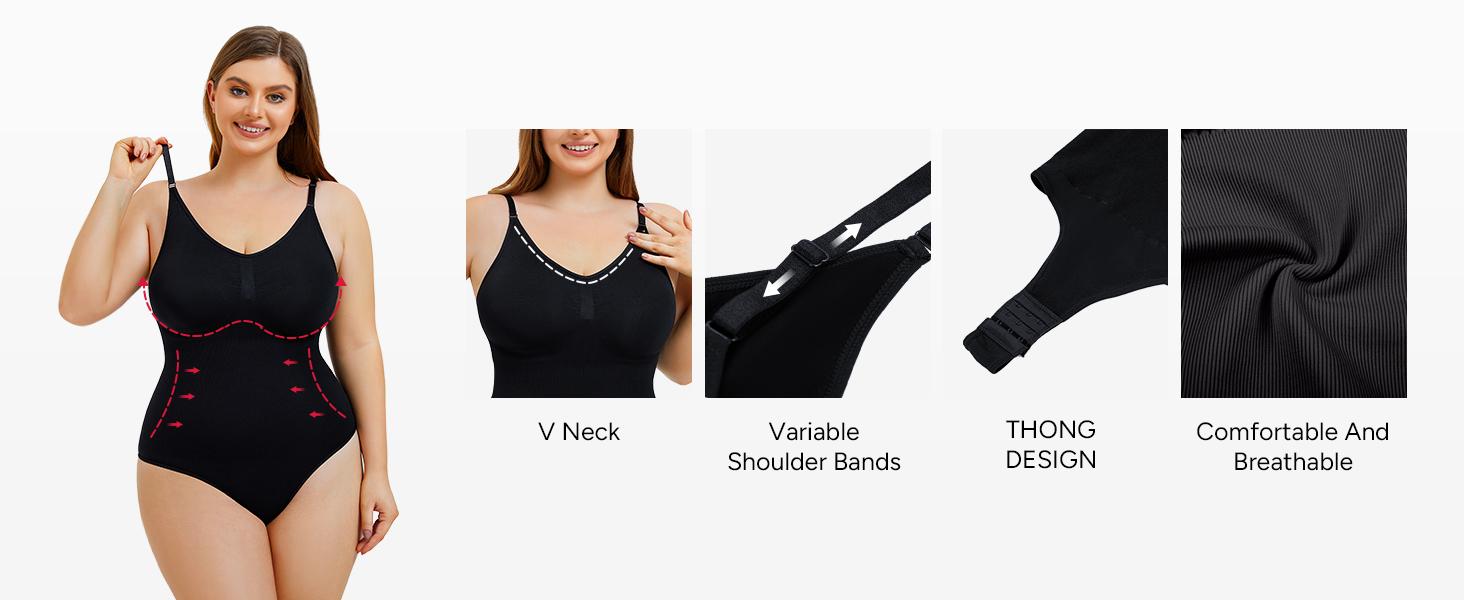 Nebility Women's Seamless V-Neck Thong Bodysuit - Sleeveless Faja Shapewear, Tummy Control Compression, Basic Minimalist Comfort Womenswear Vneck