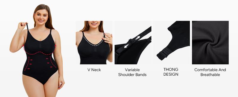 Nebility Women's Seamless V-Neck Thong Bodysuit - Sleeveless Faja Shapewear, Tummy Control Compression, Basic Minimalist Comfort Womenswear Vneck