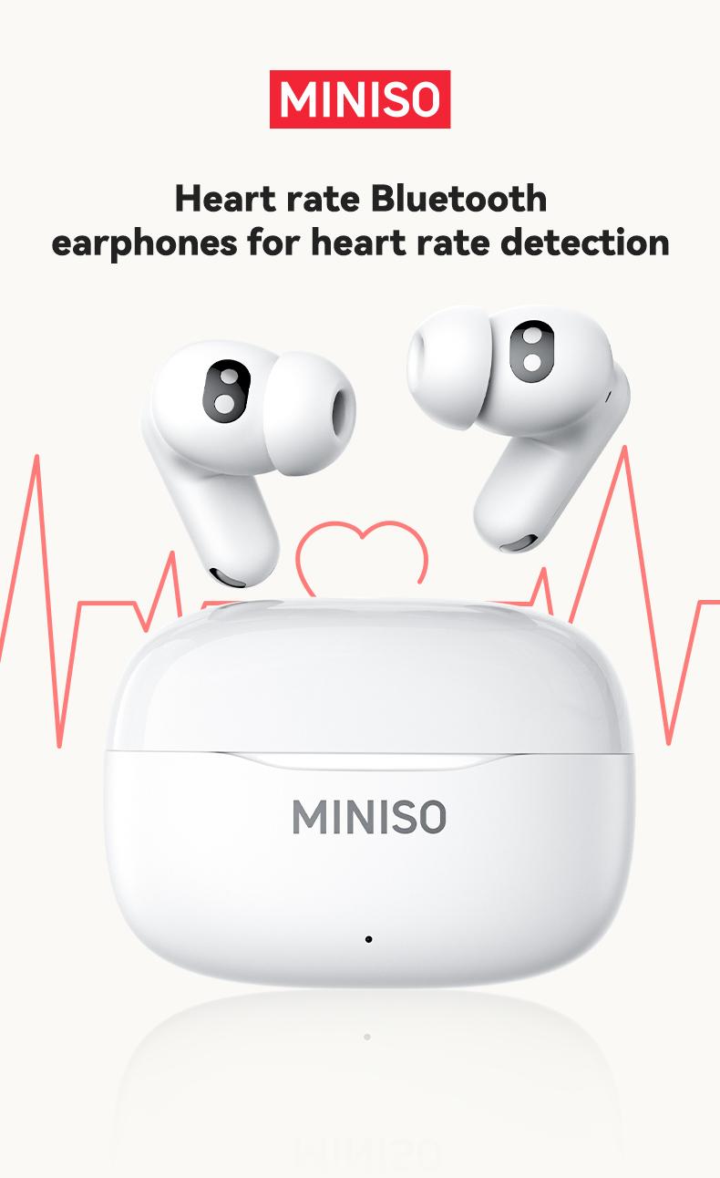 MINISO MS112 Wireless Earphones: Active noise cancellation, real-time translation, heart rate sensing, hearing aid function, Bluetooth connectivity, spatial audio, high-fidelity sound quality, USB-C charging.