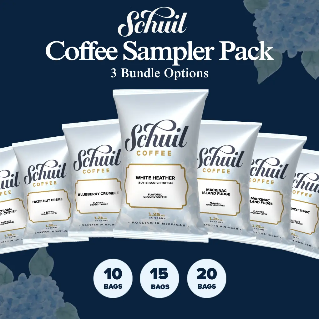 Schuil Coffee Co. Flavored Ground Variety Pack - 15-Count Assorted Sampler Bundle with Vanilla, Caramel Brew, Hazelnut, Cherry, Cinnamon Blend Packets, 1.25oz, Clean, Small-Batch Fresh Roasted, Allergen-Free