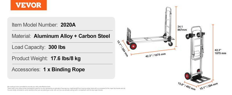 VEVOR Aluminum Folding Hand Truck, TikTokShopBlackFriday, 2 in 1 Design Max 800 lbs Capacity, Heavy Duty Industrial Collapsible cart, Dolly Cart with Rubber Wheels for Transport and Moving in Warehouse, Supermarket, Garden