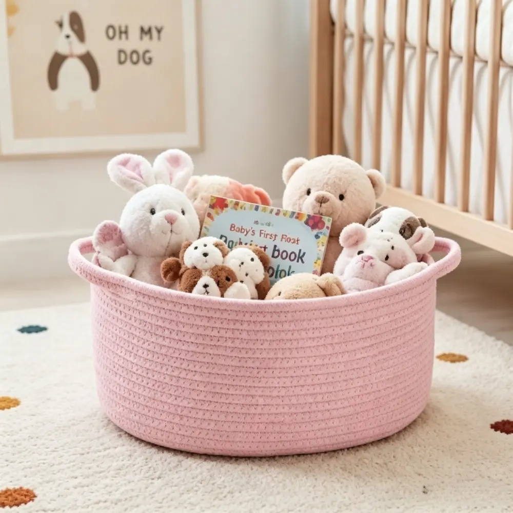 Cotton Rope Storage Basket – Cute Woven Bin for Bedroom, Bathroom & Nursery | Boho Home Organizer with Handles