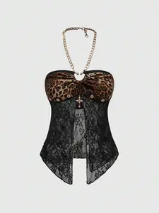 OFFGRID x J-Fashion Y2K Retro Sexy Cross Decor Leopard Lace Halter Neck Women Tank Top OFFGRID x J-Fashion Y2K Retro Sexy Cross Decor Leopard Lace Halter Neck Women Tank Top