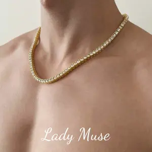 Gold-colored tennis necklace, 925 silver, Length: 20 inches # fashionable style, easy to match / fully set with diamonds, exquisite craftsmanship