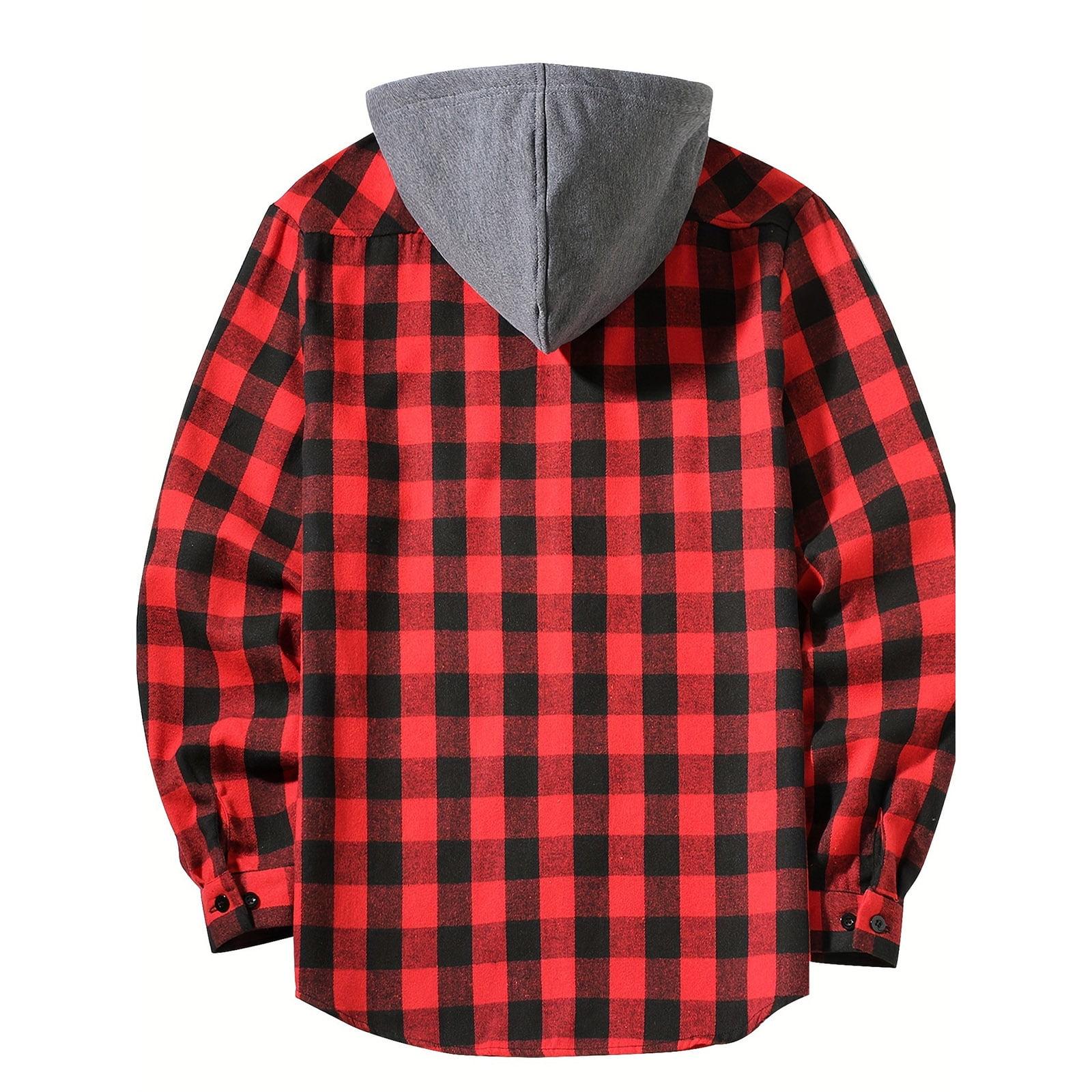 Men's Flannel Hoodie Shirt Long Sleeve Plaid Shirt Casual Classic Checkered Hooded Shacket