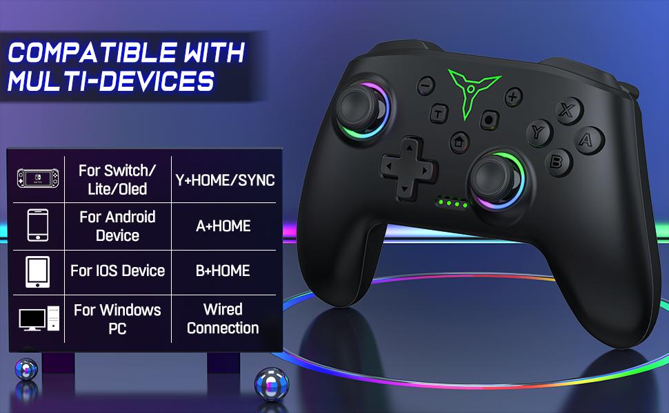 Switch Controller, Wireless Switch Controller Compatible with Switch Controller/Switch Lite/OLED, Wireless Switch Controllers Work with iOS/Android/PC with RGB Light, Programmable, TURBO & Wakeup