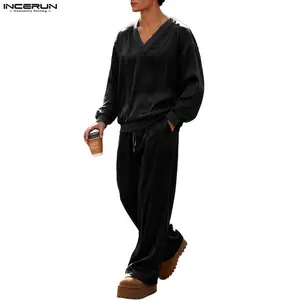 INCERUN Men's Old Money Velvet Set Long Sleeve V Neck Top Wide Leg Pants Luxury Suit