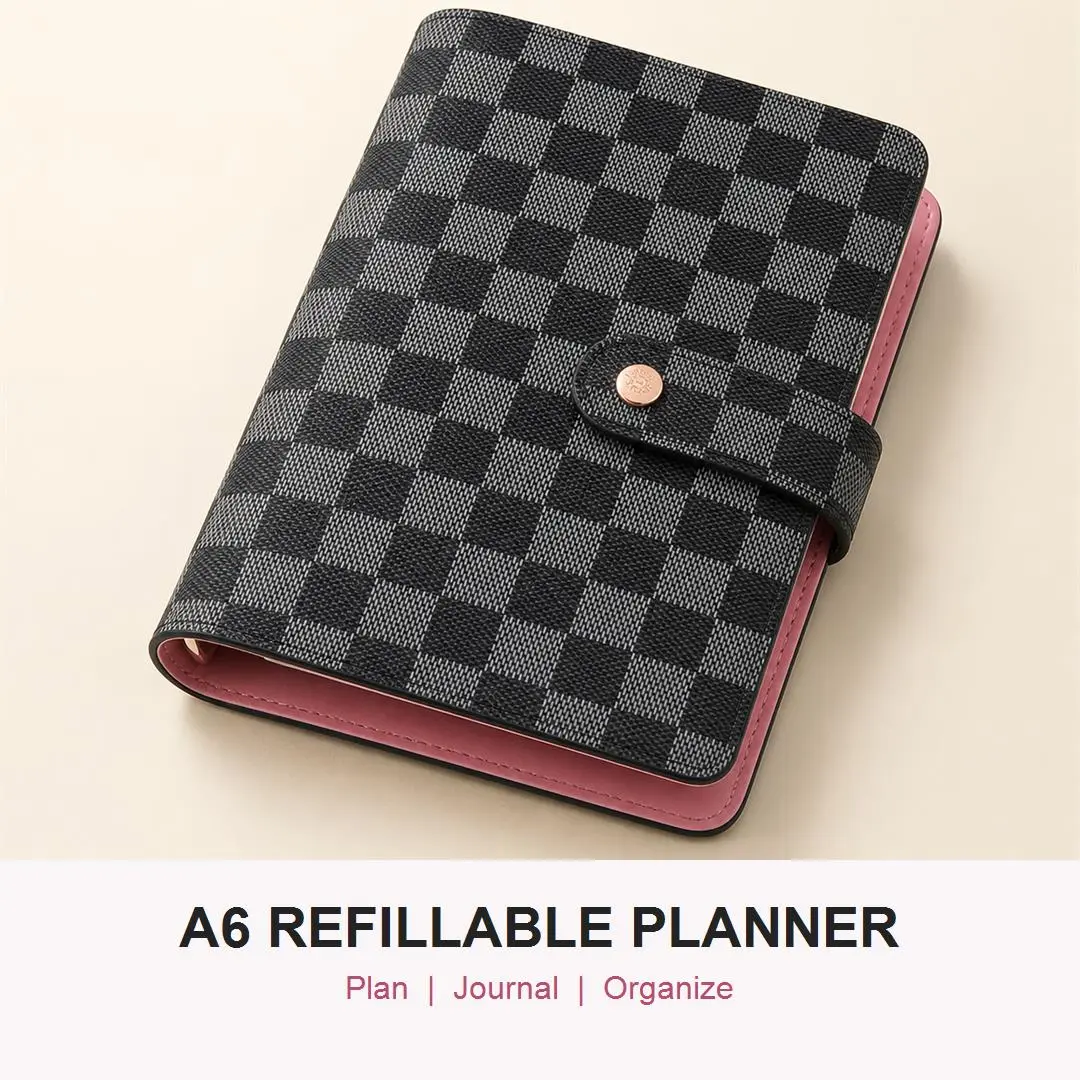 A6 Faux Leather 6-Ring Refillable Binder, Office Stationery Supplies Daily Schedule Planner Organizer with Card Slots, Pen Loop, Snap Closure, Checkered Cover for On-the-Go Calendar Planning, Black, Binder Notebooks