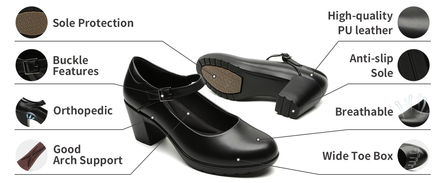 Women's Mary Jane Shoes, Round - Toe Chunky - Heel High - Heels with a 7CM Heel, Ankle - Strap Leather Casual High - Heels, Suitable for Formal Attire, Formal Occasions, Business and Suits Footwear Girl