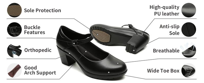 Women's Mary Jane Shoes, Round - Toe Chunky - Heel High - Heels with a 7CM Heel, Ankle - Strap Leather Casual High - Heels, Suitable for Formal Attire, Formal Occasions, Business and Suits Footwear Girl