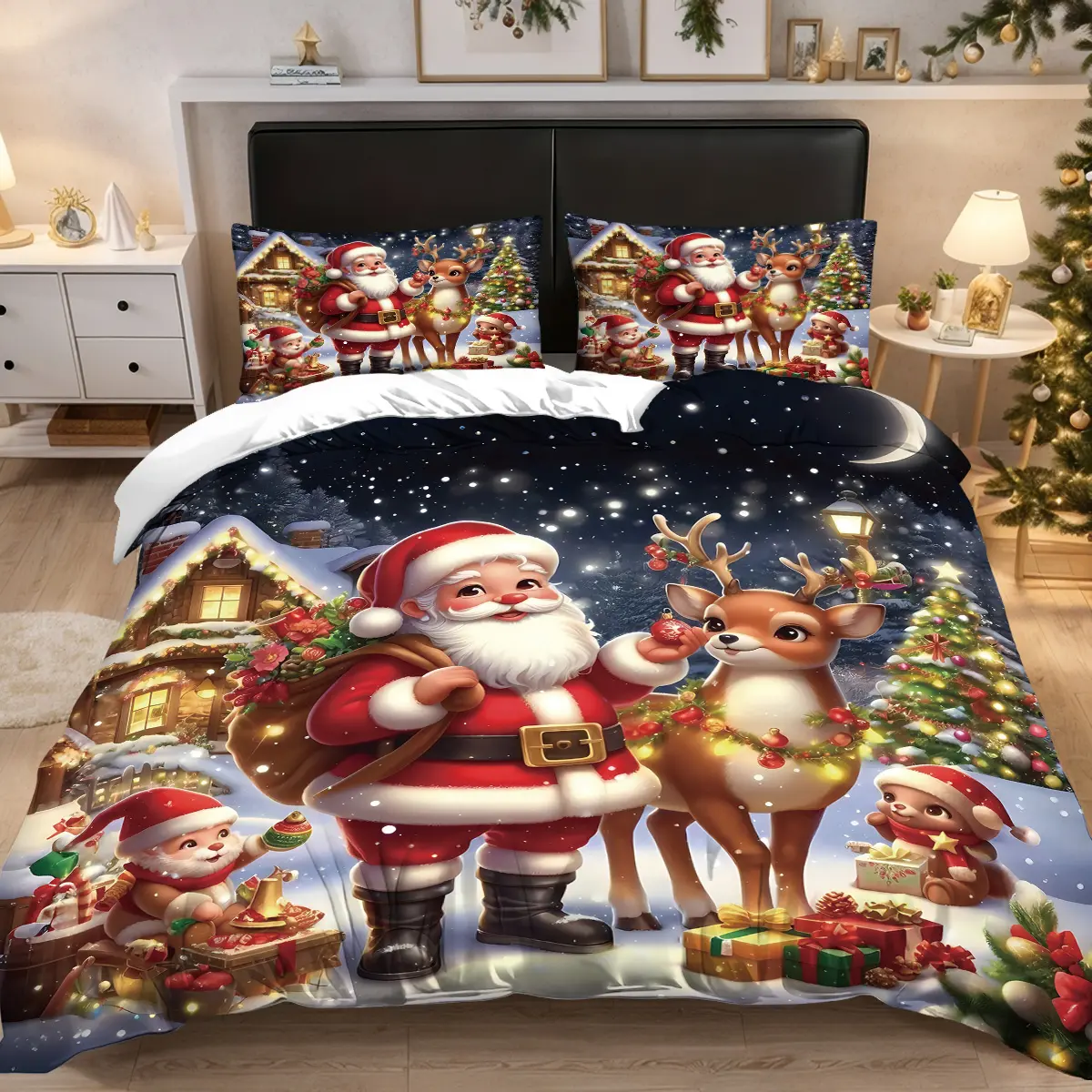 3pcs Classic Christmas Bedding Set with Cartoon Santa & Reindeer Design, Decorative Bedding Set, Includes 2 Pillowcases &1 duvet cover, Perfect for Holiday Decor and Christmas bedding gifts, Soft Bedding Sets