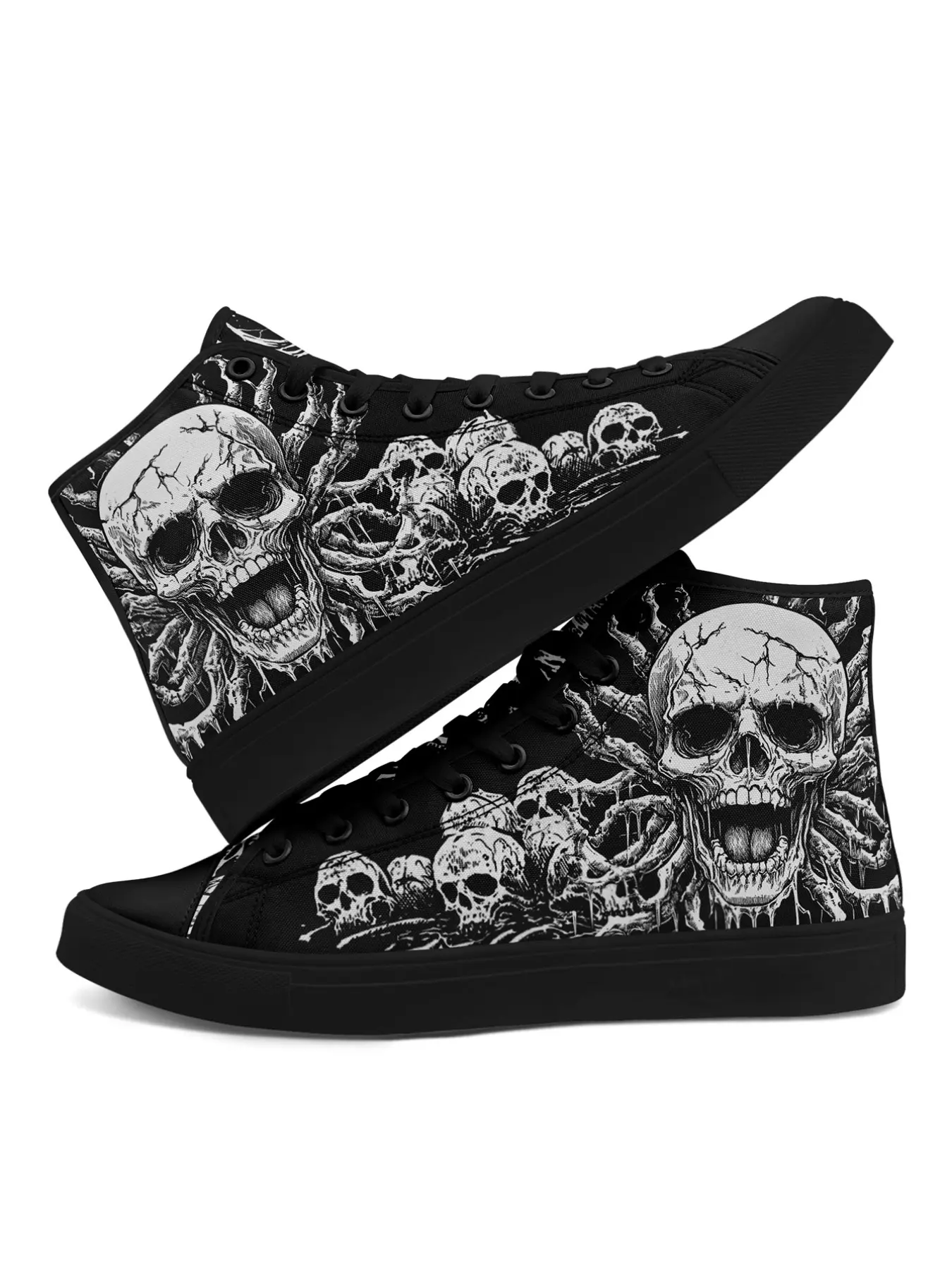 Men's Gothic Skull High-Top Canvas Sneakers – Black and White Graphic Design, Punk Rock Casual Shoes, Comfortable and Durable Lace-Up Footwear for Streetwear and Daily Wear, Casual Lifestyle Footwear, Canvas Hightop, Lace Up Trainers