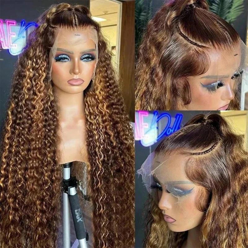 30 36 Inch Highlight 360 Deep Wave Wig Hidden Invisible Strap 360 Full Lace Front Wigs Human Hair 180% Density Ombre Honey Blonde Drawstring Wig Human Hair For Women Pre Plucked Colored 4/27 Glueless Curly Wig Human Hair