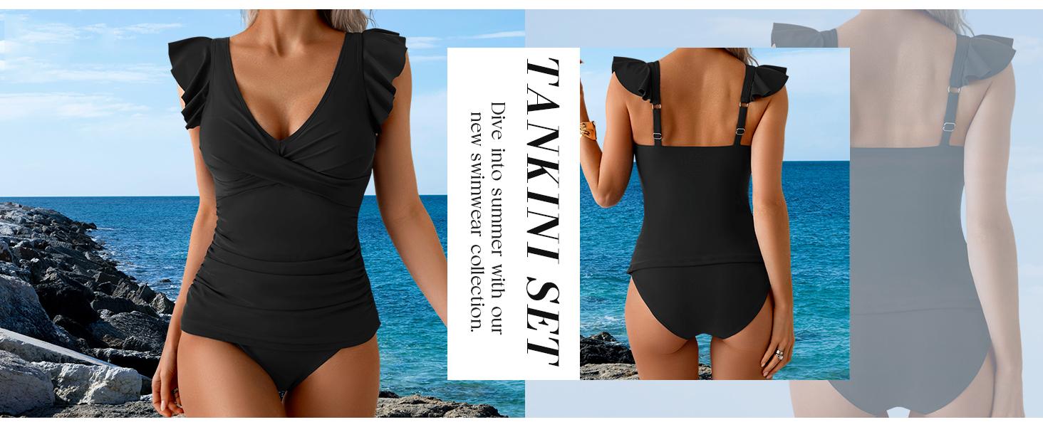 Aidonger Tankini Swimsuit for Women Tummy Control Two Piece Bathing Suit Ruched Ruffle Swimwear Top with Bottom