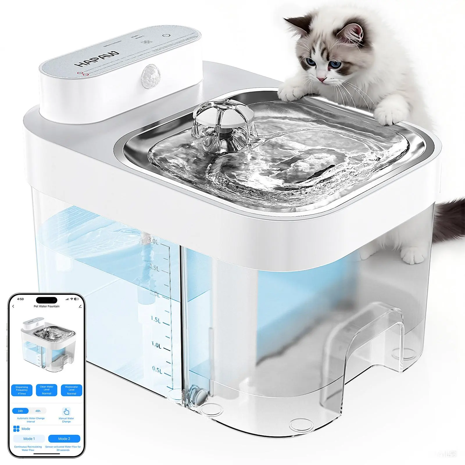 HAPAW Cat Water Fountain, 2.4GHz Wi-Fi App Control Automatic Pet Water Dispenser with 5000mAh Battery, Separated Clean & Waste Water, Filter-Free Plug-In Fountain for Cats,back to school