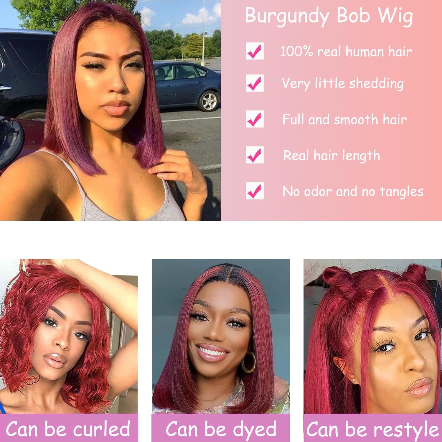 Bob Wig Human Hair 13x4 HD Lace Frontal Short Straight Lace Front Bob Wigs for Black Women Human Hair Pre Plucked Glueless Side Part 180% Density Wine Red 99J Burgundy Color 12 Inch