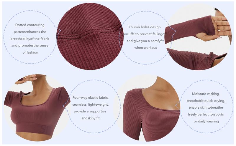 Women's Solid Seamless Long Sleeve Crop Top & Leggings Workout Exercise Tracksuit Set Active Set Ribbed Square Neck Tee & Yoga Pants Skinny Tummy Control Sports T-Shirt & High Rise Hip Lift Leggings Women's Sportswear for Gym Running