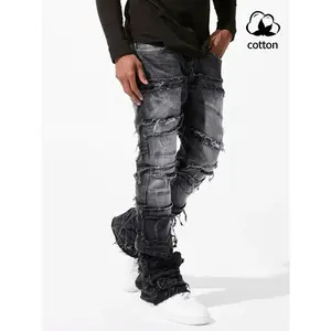 Men's straight-cut ripped jeans, Ripped Straight Leg, fringed street-style jeans, slim-fitting elastic embroidered pants, black stacked tapered tight-fitting denim micro-flare pants, elastic tight-fitting trendy men's jeans