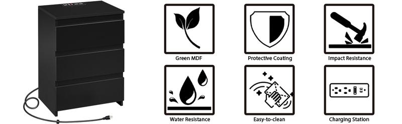 【With Power Outlet】Yaheetech Bedside Table, Modern Nightstand, 3-Drawer Bedside Cupboard Storage Cabinet with 2 USB Ports & Power Outlets for Bedroom/Small Space/Home Office, Black