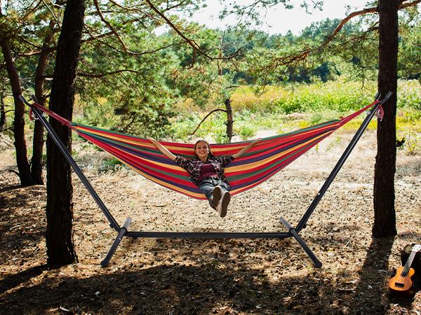 Double Hammock with Space Saving Steel Stand Heavy Duty 2 Person Standing Hammocks 450lb Capacity for Outside Garden Yard with Portable Carrying Bag Double Hammock with Space Saving Steel Stand Heavy Duty 2 Person Standing Hammocks 450lb Capacity for Outside Garden Yard with Portable Carrying Bag