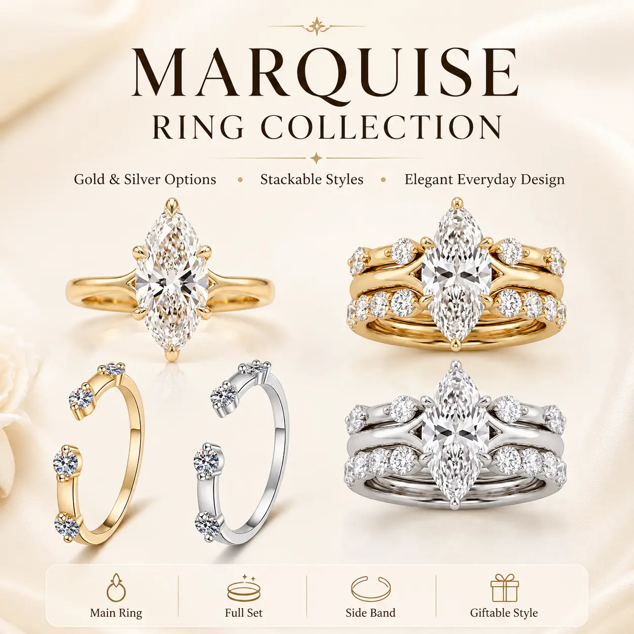 Loysun Women's 3ct Brilliant Marquise Cut Artificial Gemstone Jewelry Ring, Timeless Luxury Design, Beautiful Rings, Ideal Anniversary Gift, Jewelry Rings