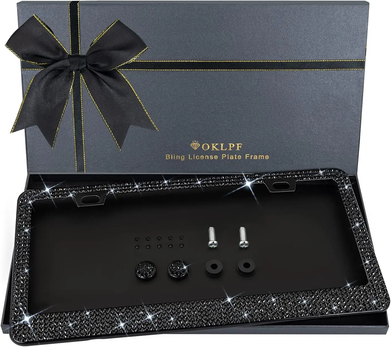 NEW-2 PCS Bling License Plate Frame for Women,  Sparkly License Plate Frames| Over 1200 pcs 14 Facets Bedazzled Clear Glass Diamond Rhinestone Crystals w/Free Glitter Diamond Box (Blac