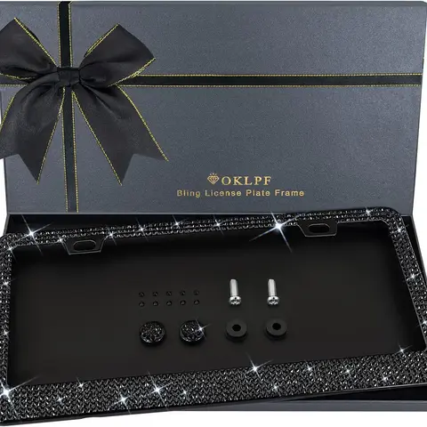 Women's 2-PCS Bling License Plate Frame Set for Automotive Cars, Car Exterior Accessories with 1200+ 14-Facet Glass Rhinestones, Free Glitter Diamond Box, Ideal Gift (Black)