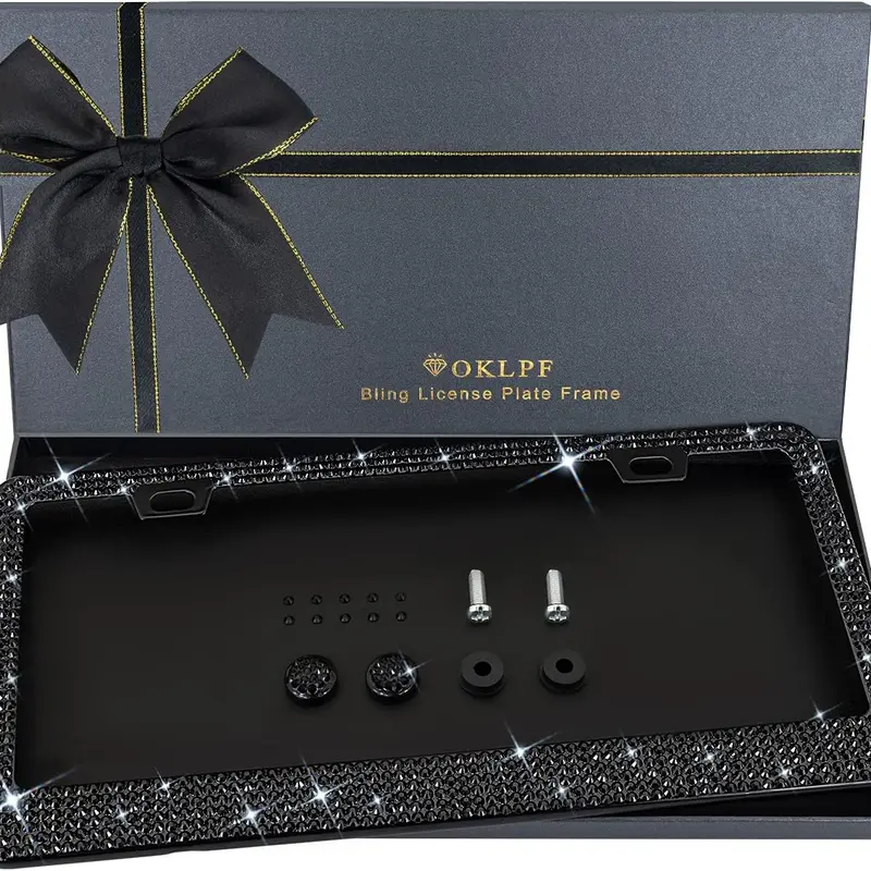 Women's 2-Piece Bling Diamond License Plate Frames - Stainless Steel Automotive Diamond Plate, Cool Car Decorations, Car Accessories for Girls, 14-Facet Glass Rhinestones, 12.3"x6.3", Non-Covering State Name, Easy Install, High-End Gift Box for Friends