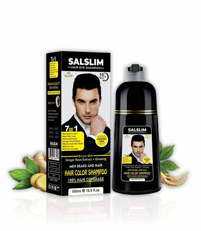 SALSLIM 7-in-1 Men Hair & Beard Dye Shampoo | Instant Gray Coverage | Ammonia-Free | Ginger Root & Ginseng | 500ml