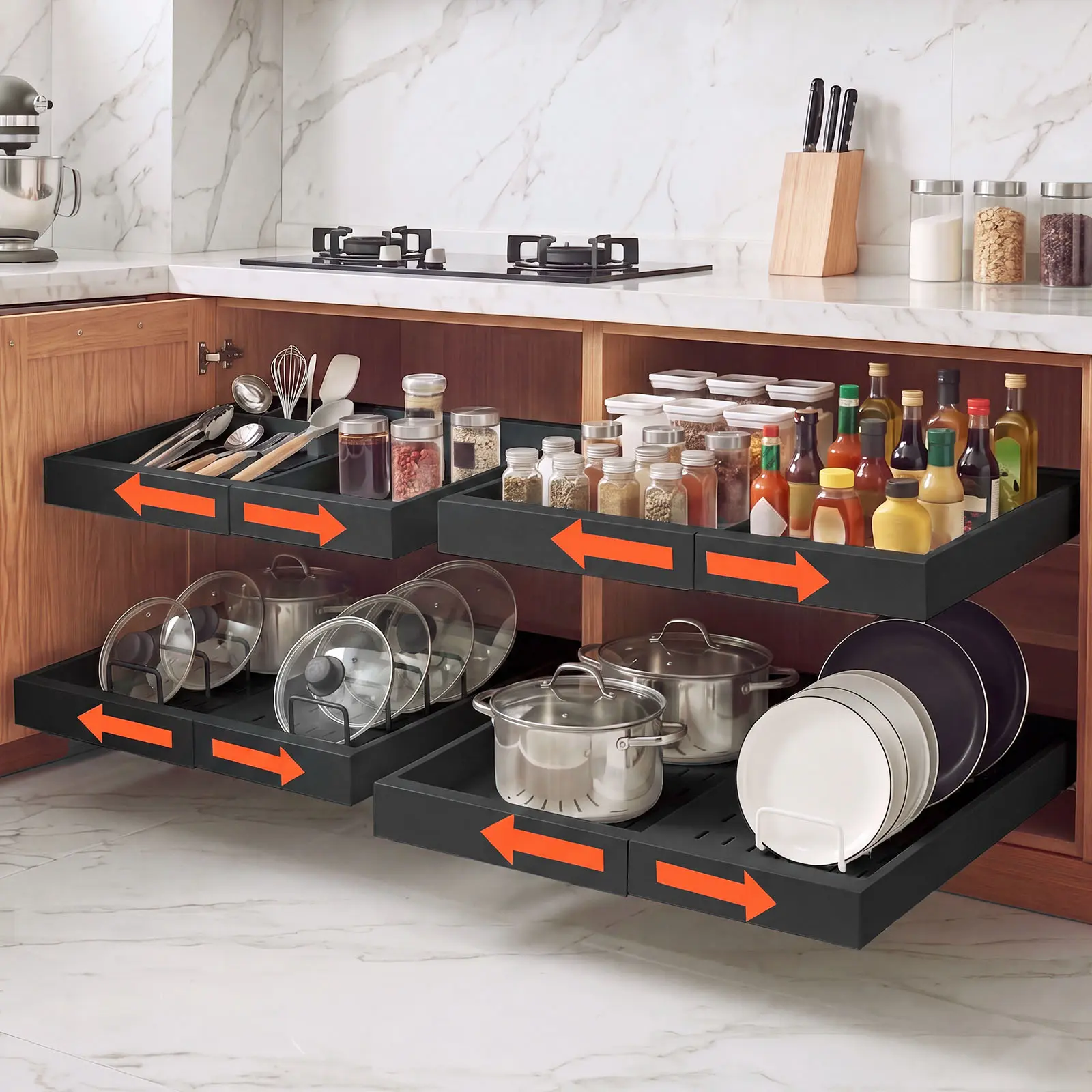 VEVOR Pull Out Cabinet Organizer, 4 Pack Expandable Width (12.2"-18.9"), 20.47" Deep Pull Out Drawers for Cabinets, Sliding Drawer for Kitchen Pantry Cabinet Organizer with Nano Adhesive Strips, Black