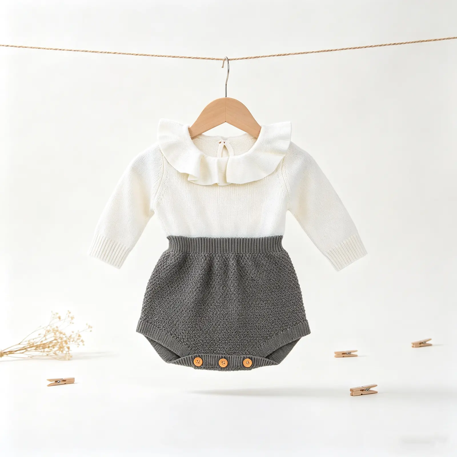 Baby Soft Cotton Unisex Cute Warm Romper, Color Block Long Sleeve Ruffle Round Neck Outfit, Knitted Button Closure Loose Jumpsuit