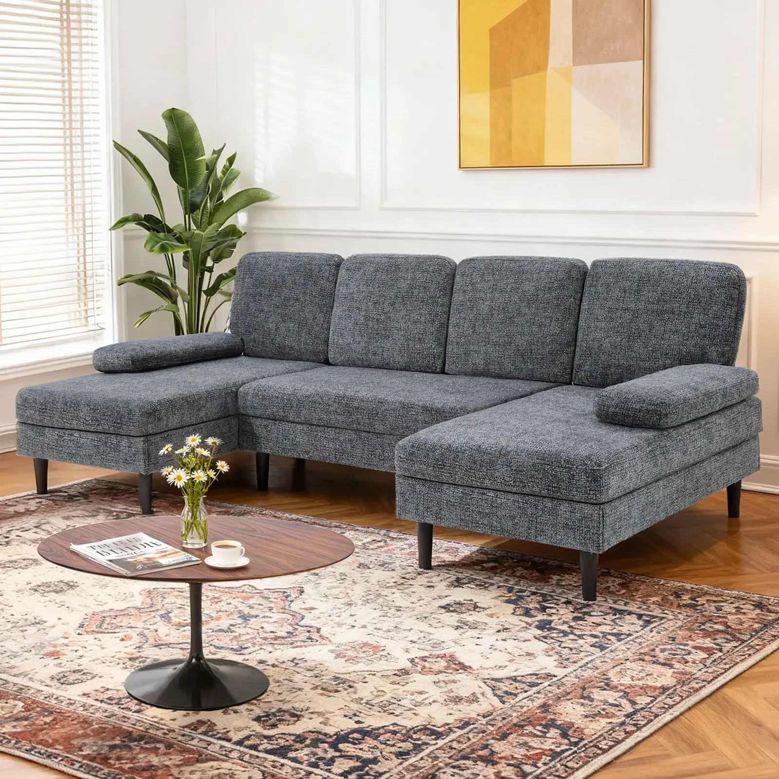 Sweetcrispy 4-Seat Modern Sectional Couch Set with Double Chaise, Chenille Fabric Cushions, Upholstered Design for Entertaining, Cozy Indoor Living Room Modern Sofas Set Furniture