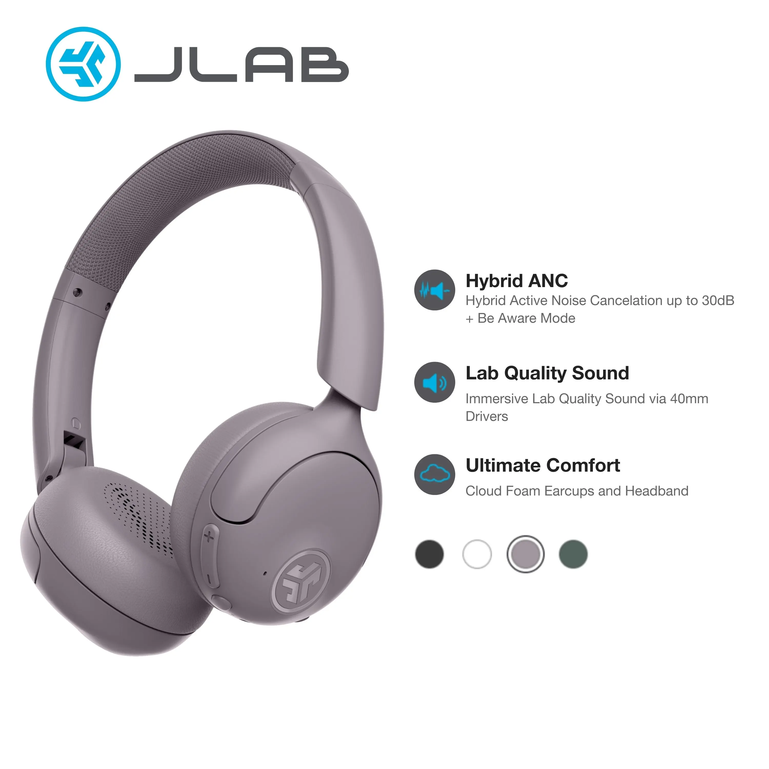 JLab Go Lux ANC On-Ear Wireless Headphones, 40mm Drivers, Hybrid Noise Cancellation, 70+ Hours Playtime, Bluetooth 5.4, Foldable, Fast Charging, Dual Noise-Canceling Mics, Immersive Audio, Customizable Sound