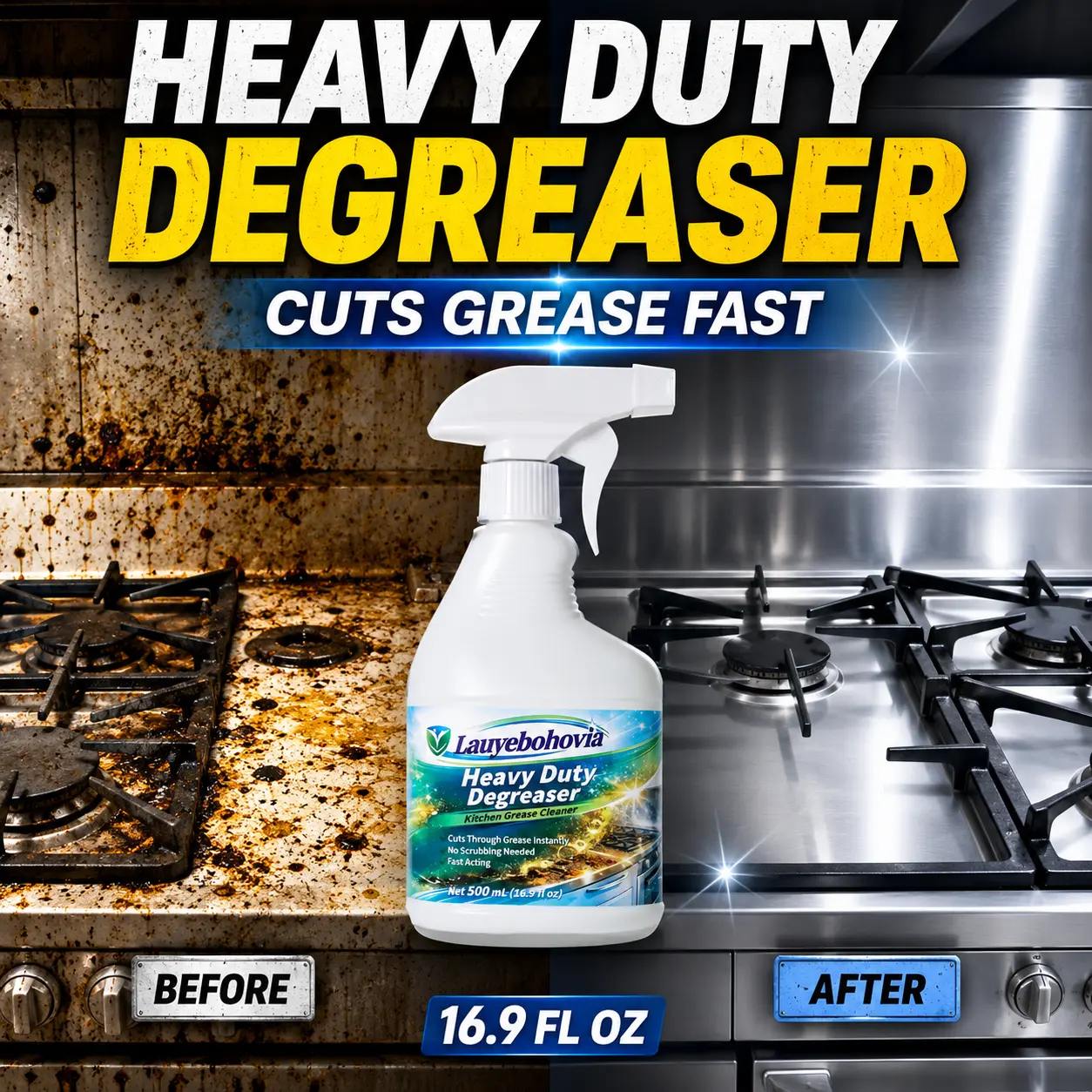 16.9 FL OZ (500ml) Powerful Lemon Scented Household Kitchen Cleaner & Degreaser Spray, Antibacterial Grease Remover, No Residue Multi-Surface Care Cleaner for Stove, Countertop, Powerful Cleaning Solution, Bacteria Killing Kitchen Cleaners