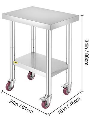 【Summervibes】VEVOR Stainless Steel Work Table 3-Stage Adjustable Shelf with 4 Wheels Heavy Duty Commercial Food Prep Worktable with Brake for Kitchen Prep Work,Stainless Steel Work Table