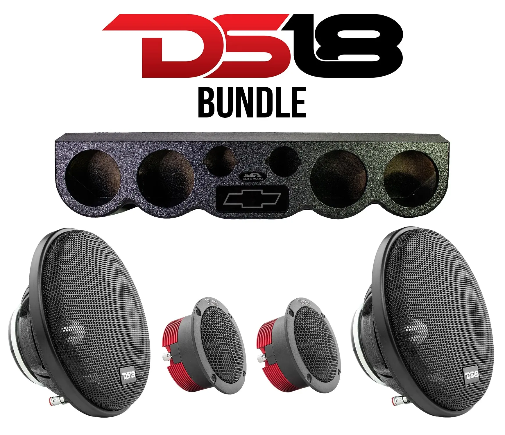 DS18 Car Audio Roof Panel Bundle for Custom Truck Builds - Chevy Logo Finish 38" Rack, 2 PRO-FR6NEO 6.5" Neodymium Full-Range Speakers, 2 GTX1XL 1.3" Super Bullet Tweeters, 2.95" Cutout Diameter, 22 lbs Weight