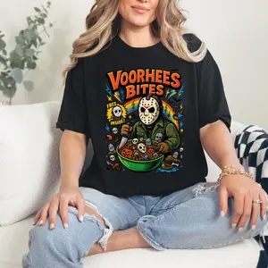 Voorhees Bites Horror Shirt, Jason Voorhees Cereal Graphic Tee, Funny Halloween Shirt, Slasher Movie Inspired Shirt,Unisex Crewneck T-shirt for Men And Women